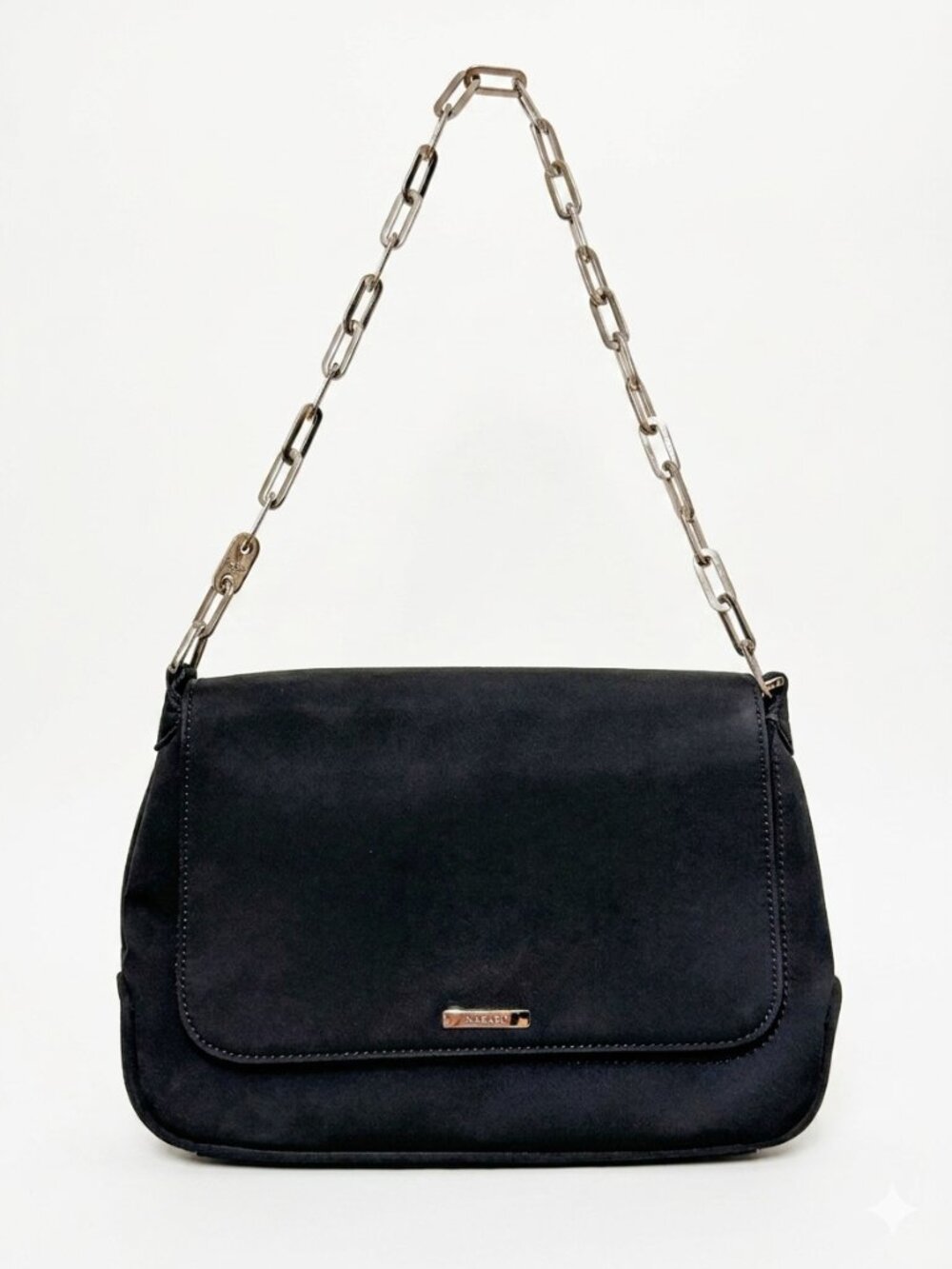 VTG Nine West Black Baguette Shoulder Bag Silver Chain Red Lining Y2K